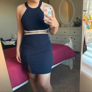 navy blue body con formal dress